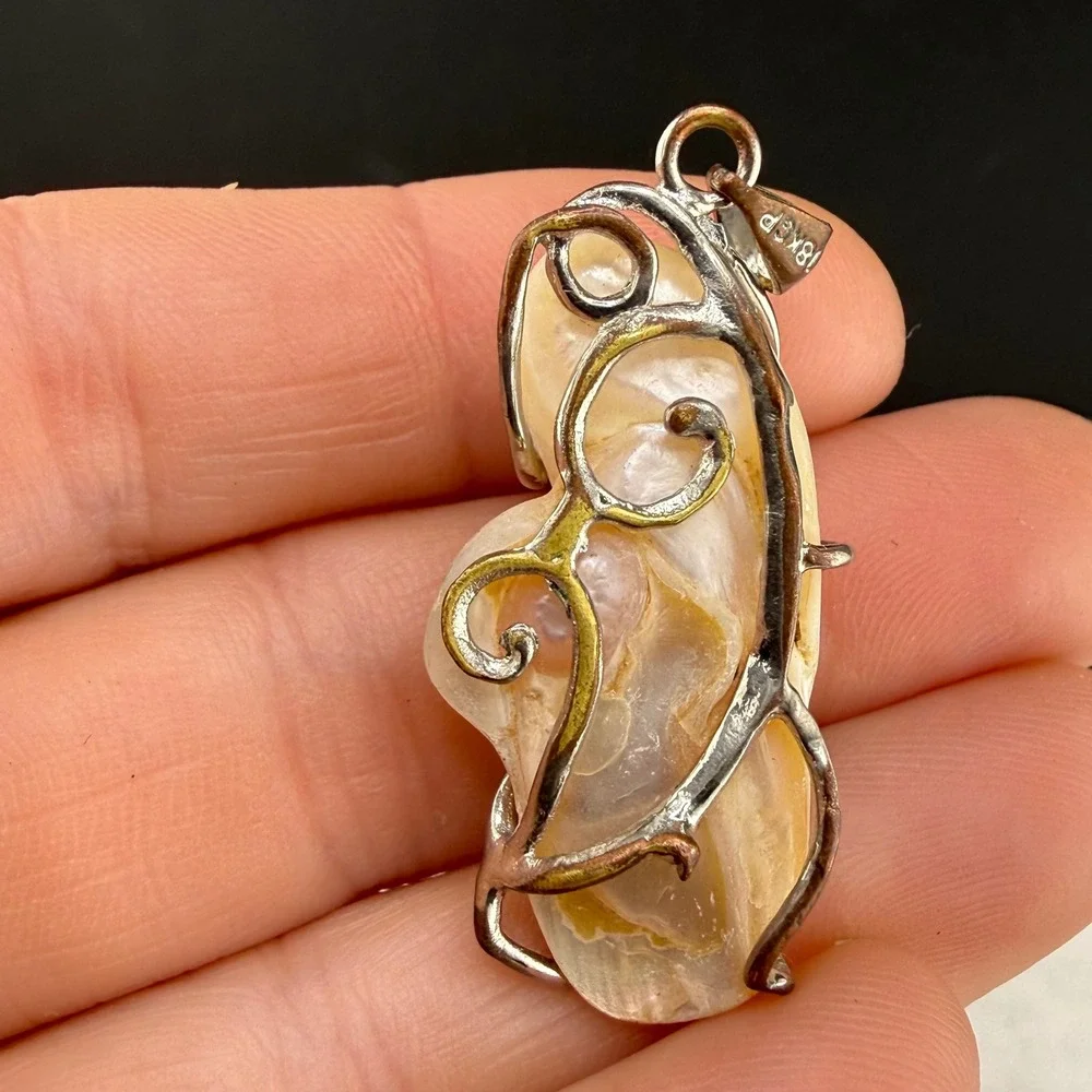 Vintage Blister Pearl Pendant Mabe White 18KGP Iridescent  Floral READ